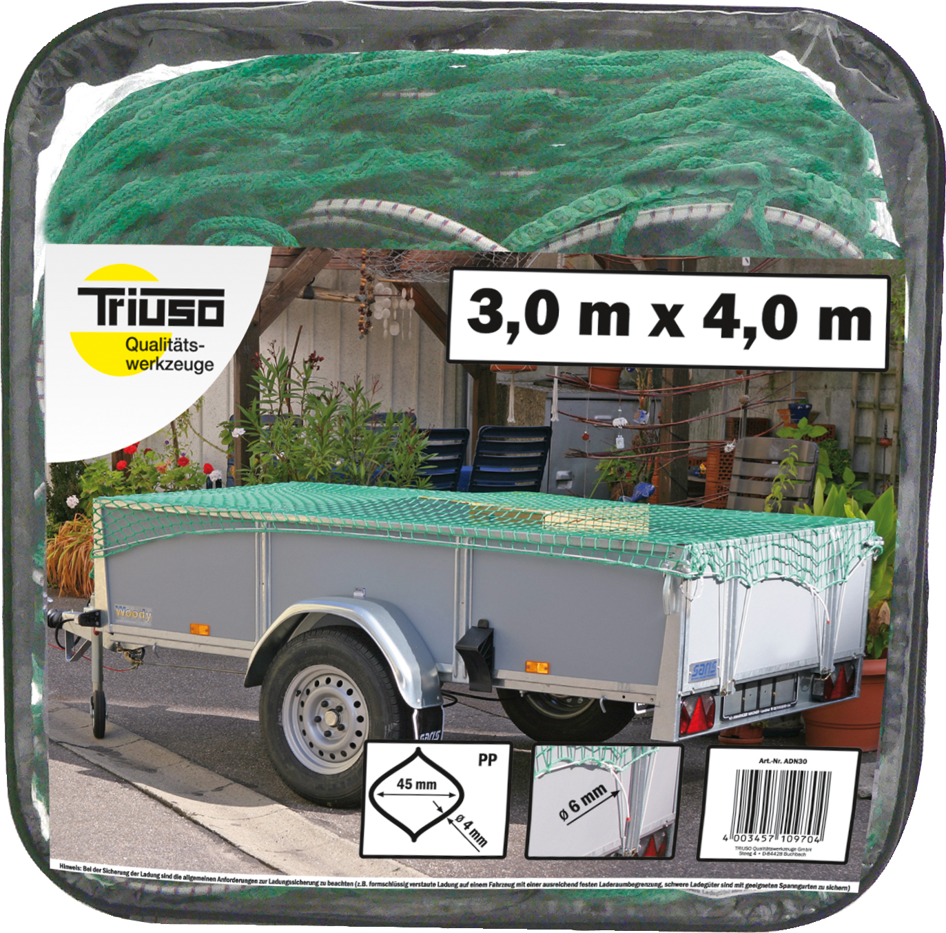 TRIUSO Abdecknetz für Anhänger 3x4m Maschenweite 4,5cm grün