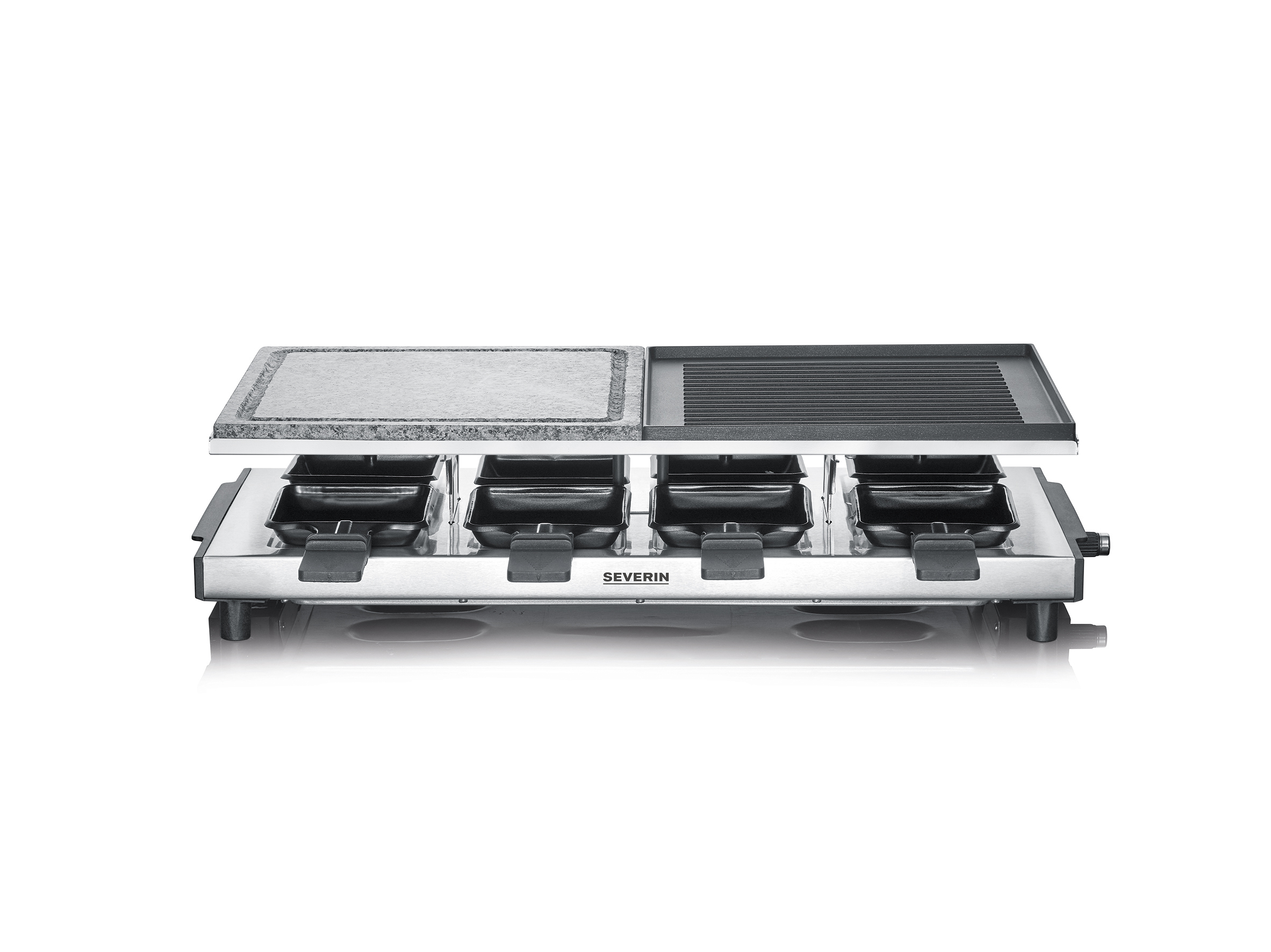 SEVERIN ELEKTROGERÄTE GMBH - SUNDERN Raclette m.Naturgrillstein u.Grillplatte 8 Pfännchen Edelstahl schwarz
