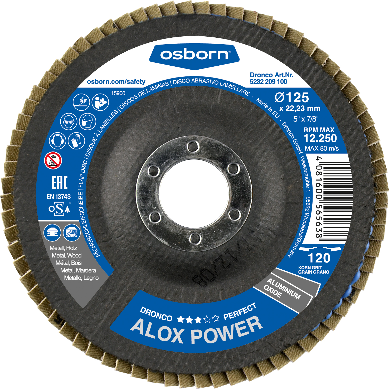 DRONCO Fächerscheibe Alox Power 120 125x22,23mm bombiert