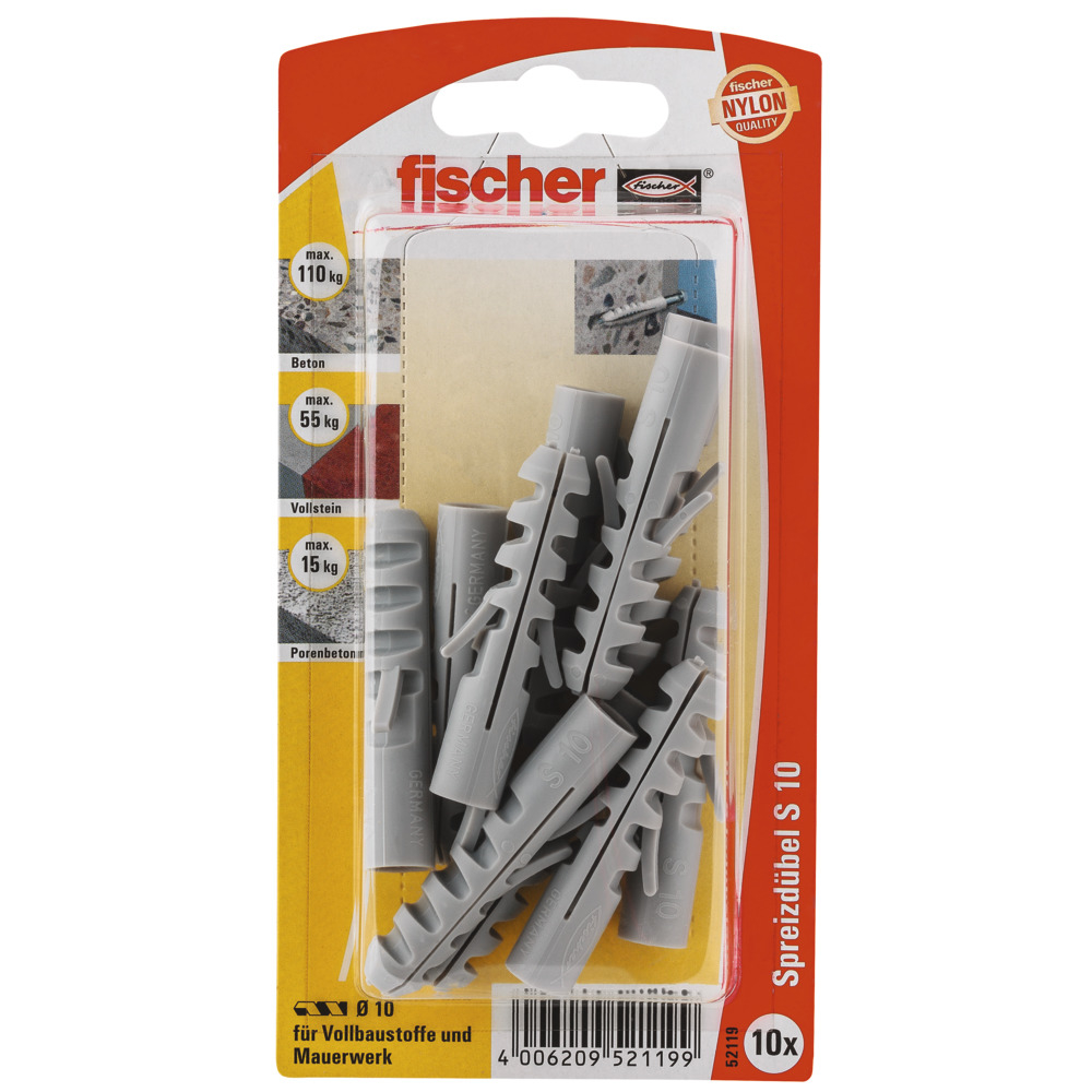 FISCHER Dübel S 10 Nylon 10 mm GK (10 Stück) 