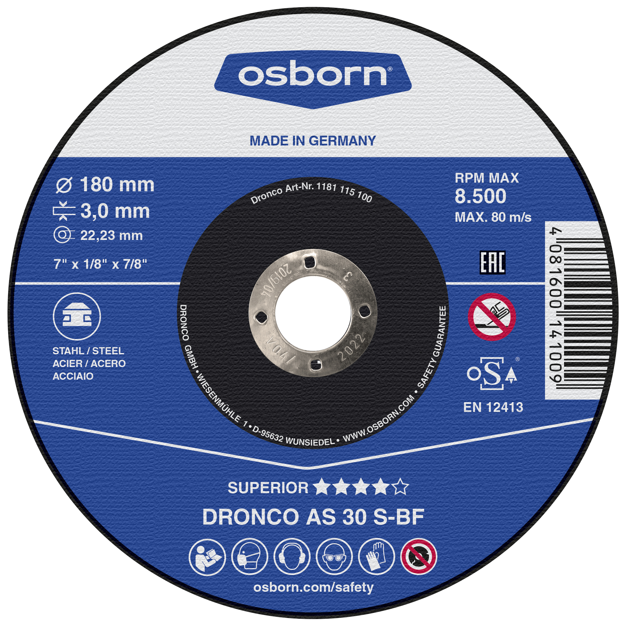 DRONCO Trennscheibe Metall AS 30S 180x3x22,23mm 