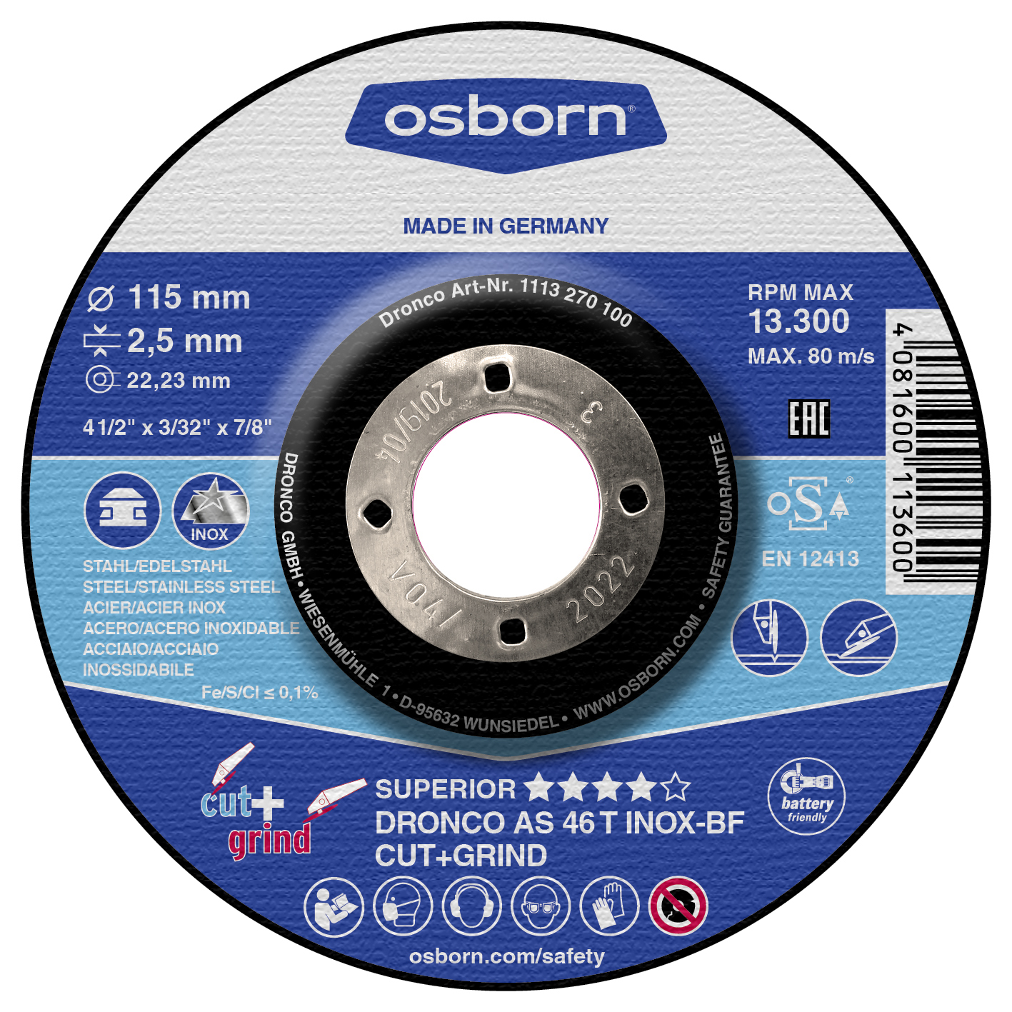 DRONCO Trenn-Schruppscheibe 115x2,5x22,23 AS 46 T INOX Cut+Grind