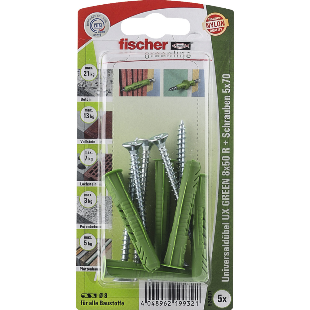 FISCHER Universaldübel UX 8x50 R S GREEN K (5 Stück)