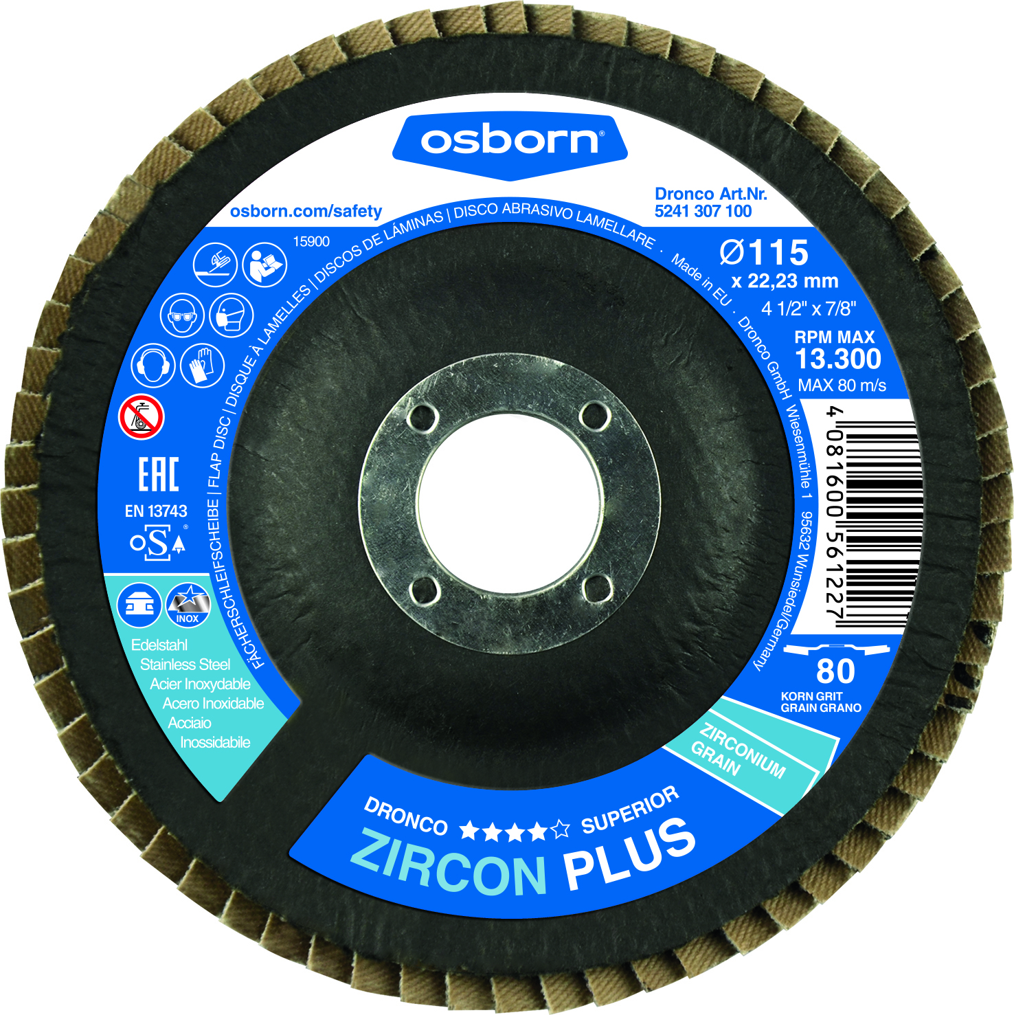 DRONCO Fächerscheibe Zircon Plus 80 115x22,23mm bombiert
