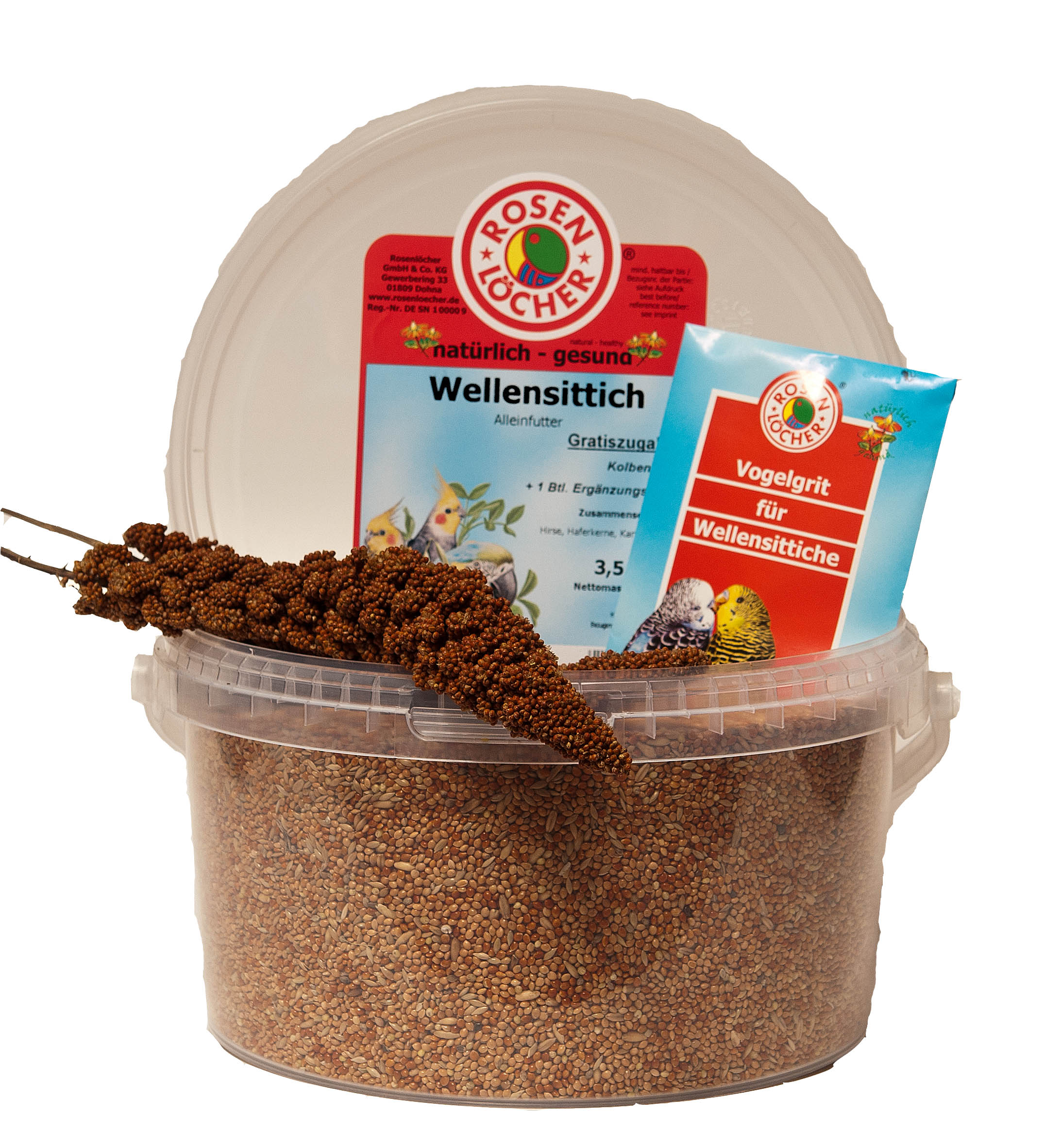 Wellensittichfutter im Eimer 2,5kg/3,5l ROSENLÖCHER - Wellensittichfutter im Eimer 2,5kg/3,5l mit 2xKolbenhirse 1xLeckerbissen gratis