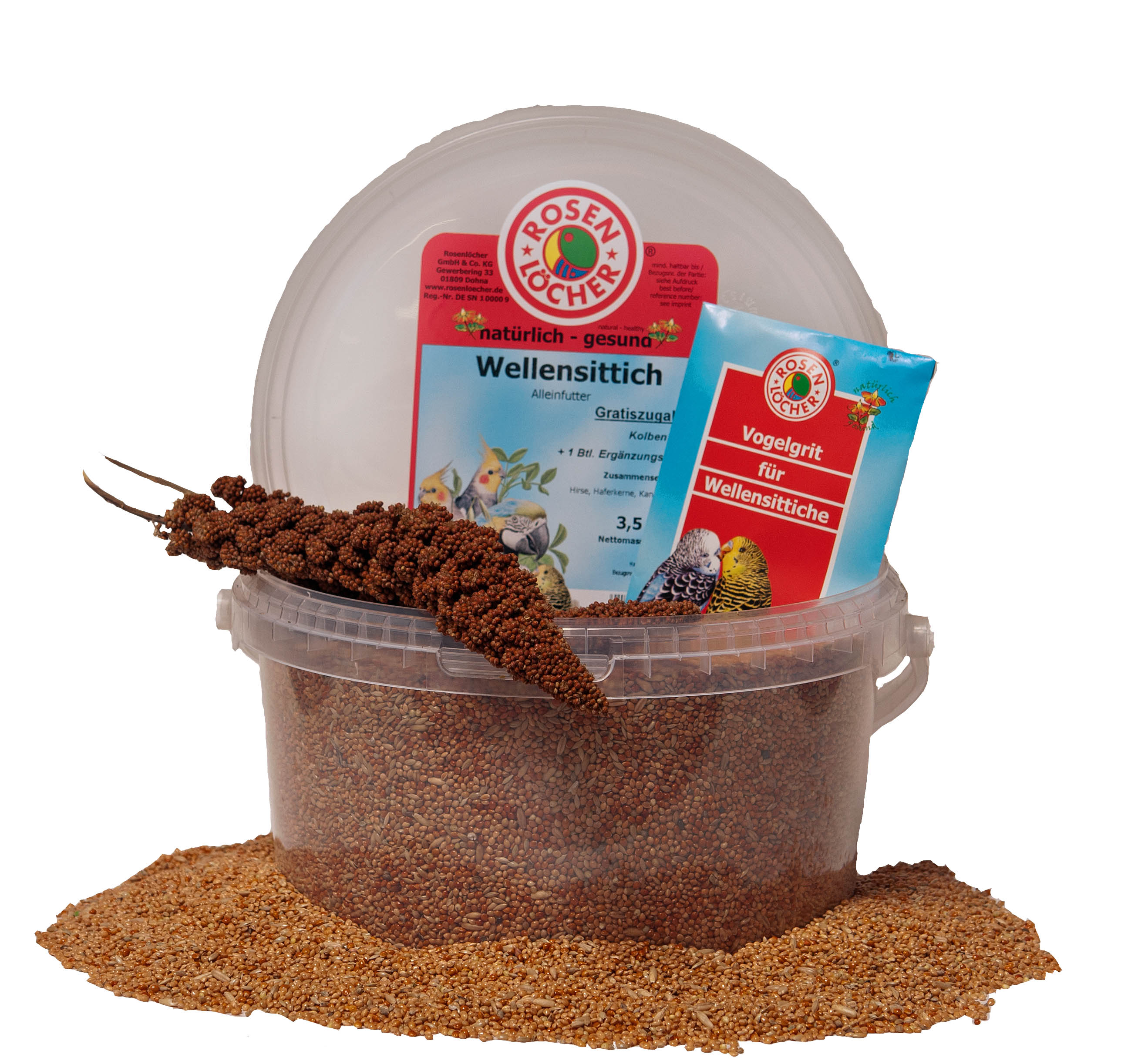 Wellensittichfutter im Eimer 2,5kg/3,5l ROSENLÖCHER - Wellensittichfutter im Eimer 2,5kg/3,5l mit 2xKolbenhirse 1xLeckerbissen gratis
