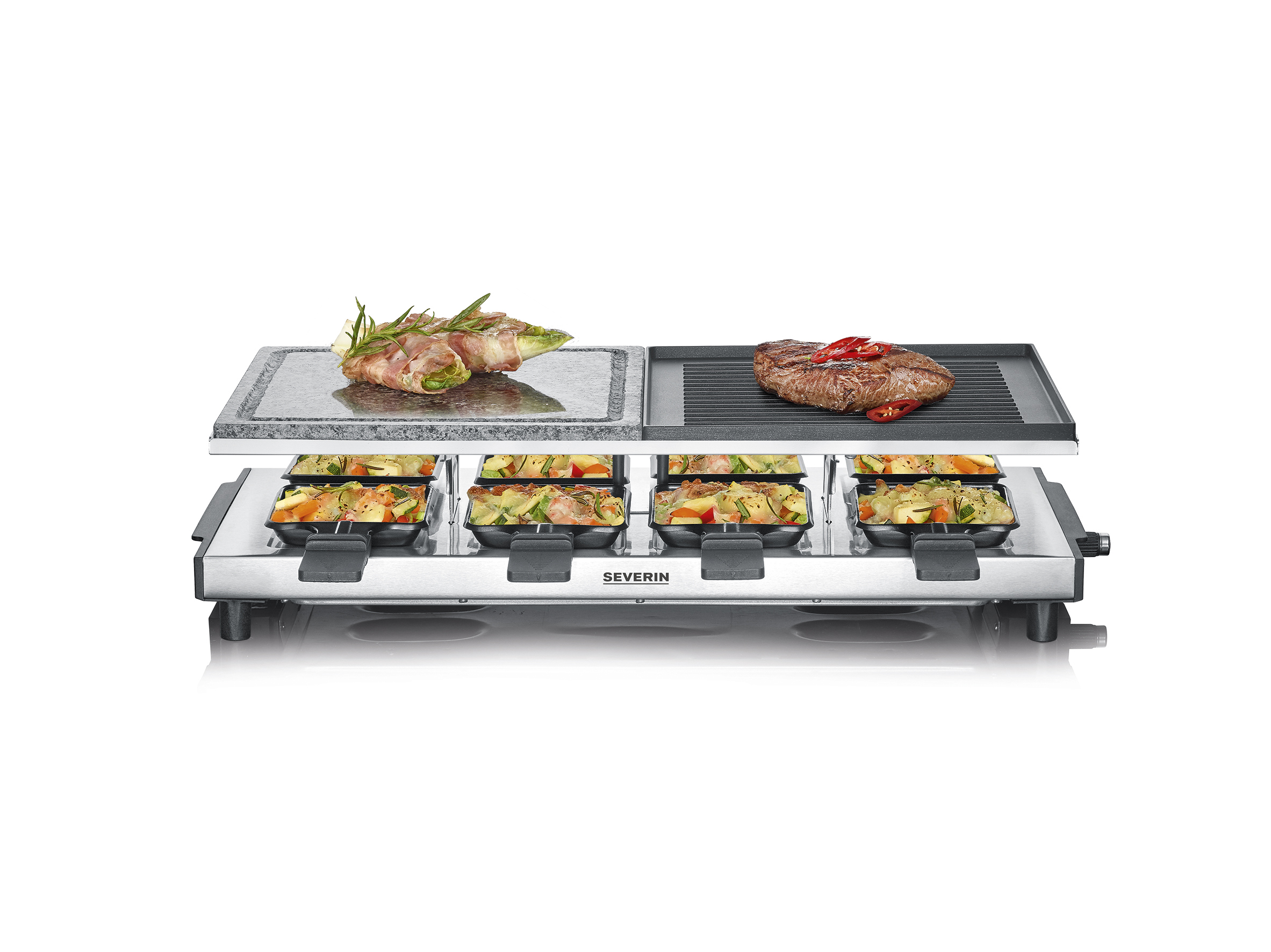 SEVERIN ELEKTROGERÄTE GMBH - SUNDERN Raclette m.Naturgrillstein u.Grillplatte 8 Pfännchen Edelstahl schwarz