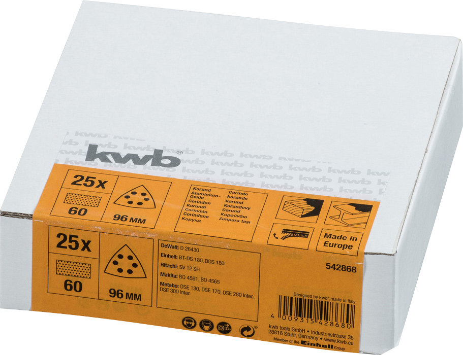 KWB BURMEISTER Schleifdreiecke Klett gel. 93x93 mm K80 (25 Stück) kwb Premium