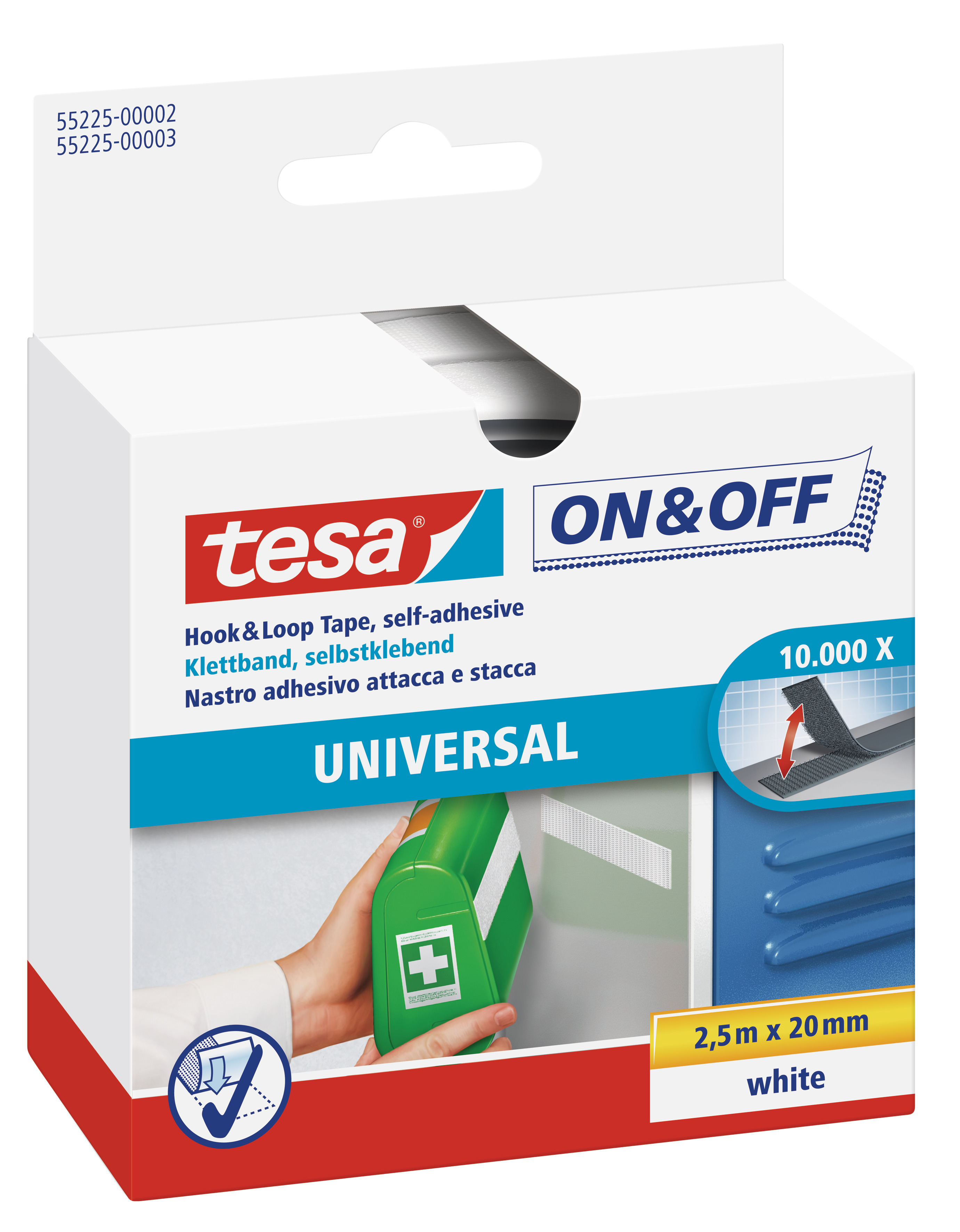TESA Klettband On&Off weiß 2,5mx20mm SB- Verpackung