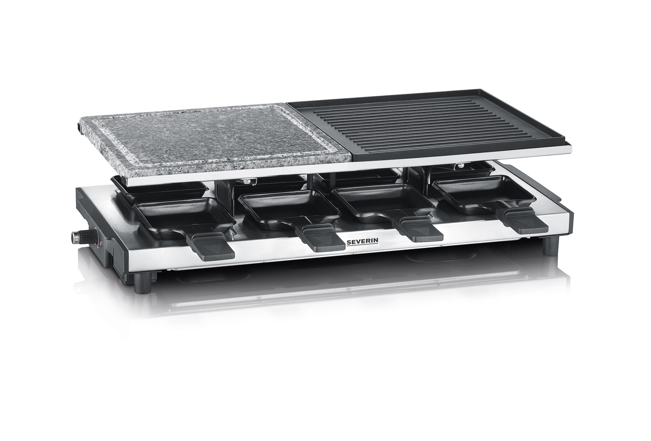 SEVERIN ELEKTROGERÄTE GMBH - SUNDERN Raclette m.Naturgrillstein u.Grillplatte 8 Pfännchen Edelstahl schwarz