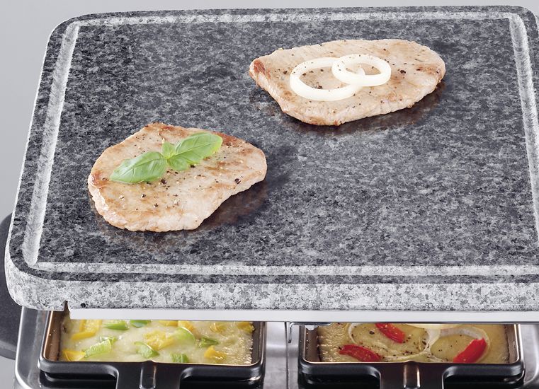 SEVERIN ELEKTROGERÄTE GMBH - SUNDERN Raclette m.Naturgrillstein u.Grillplatte 8 Pfännchen Edelstahl schwarz