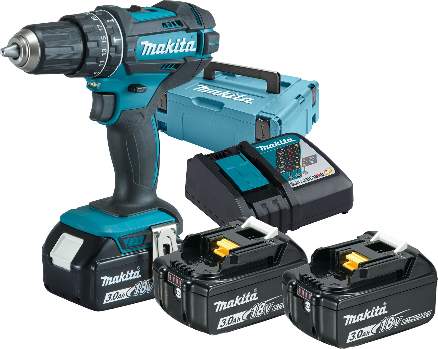 MAKITA Akku-Schlagbohrschrauber 18V ink. 3 3,0Ah Akkus, 1 Ladegerät+ Makpack