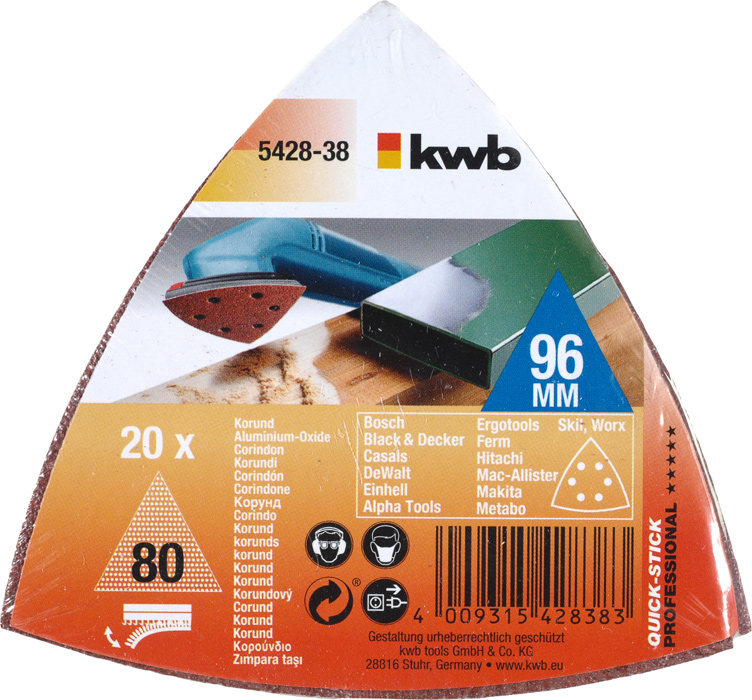 KWB BURMEISTER Schleifdreiecke Klett gel. 93x93 mm K80 (20 Stück) kwb DIY