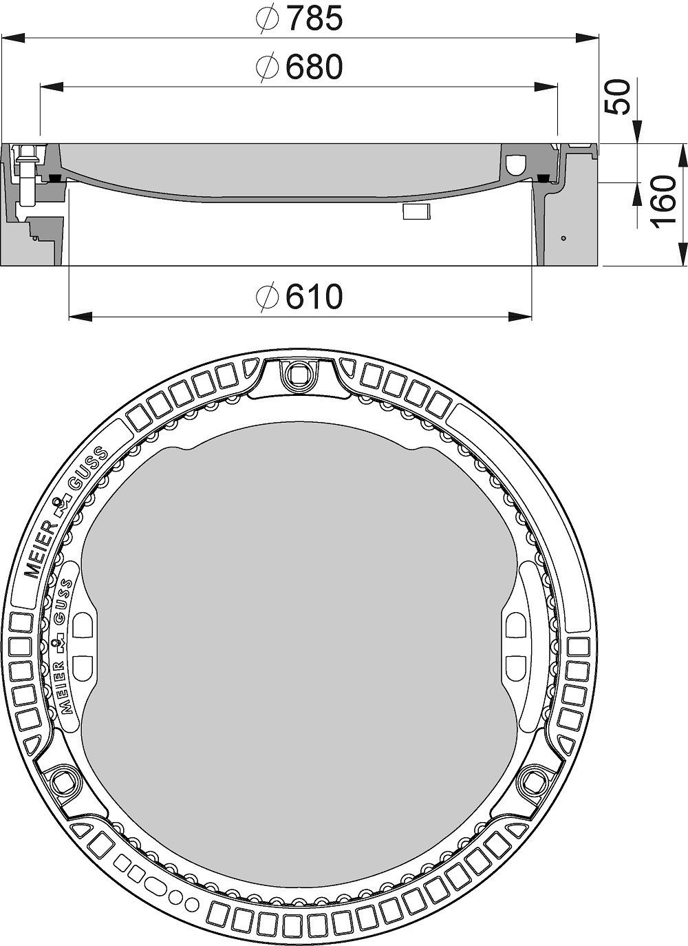 MEIER GUSS EISENGIEßEREI Schachtabd.Beton-Guss Kl.D rund twd Ø610mm, mit 3 Schraubverschlüsse,