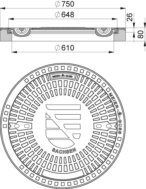 MEIER GUSS EISENGIEßEREI Schachtabdeckung Kl.A rund o.V. mit Motiv Sachsen, Sandverschluss