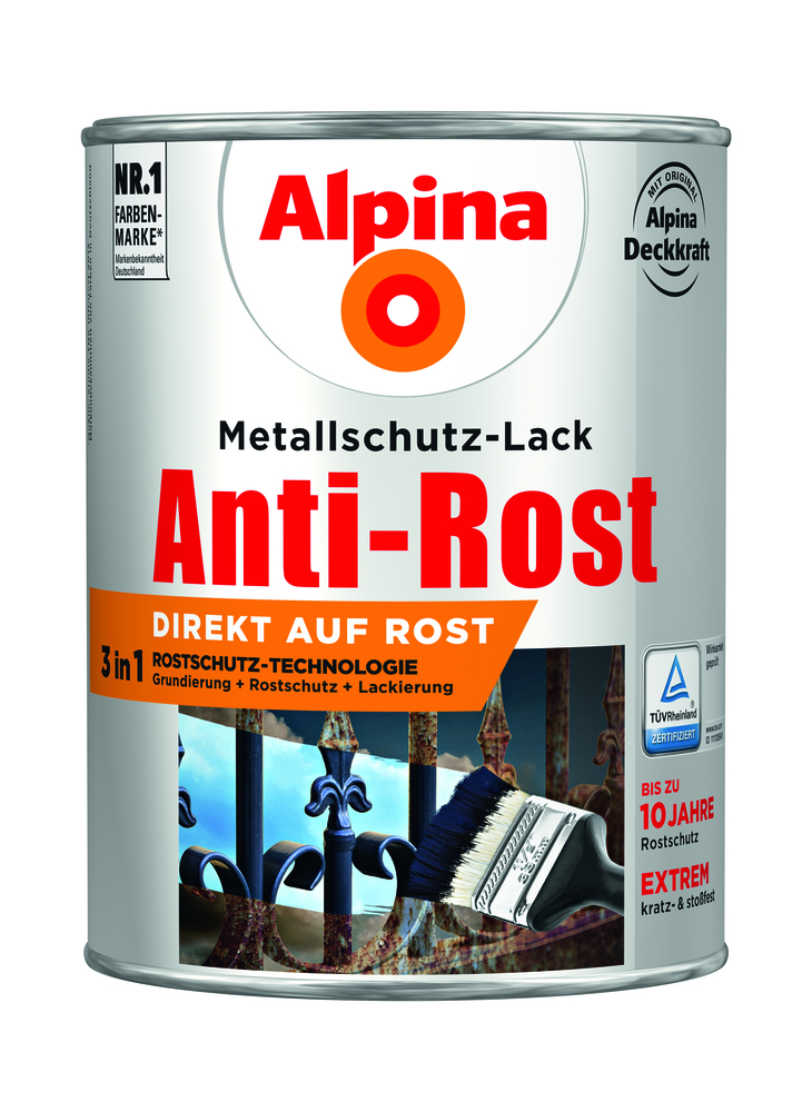 ALPINA FARBEN Metallschutzlack glänzend braun 2,5L Anti-Rost, RAL 8011